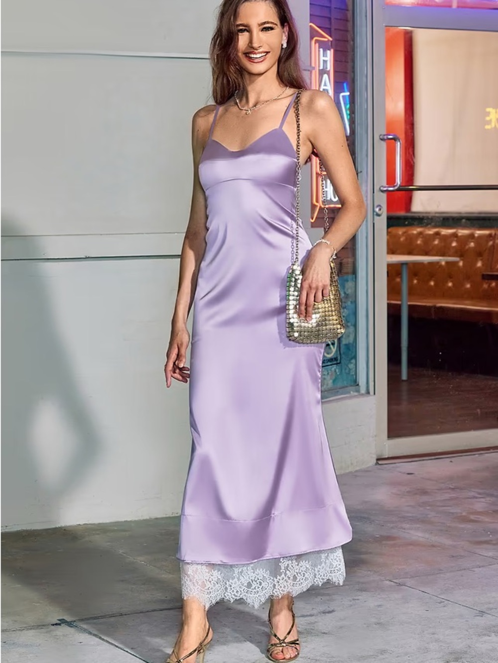 Cupshe Lavender Satin Slip Maxi Dress with Lace Trim SKU 110